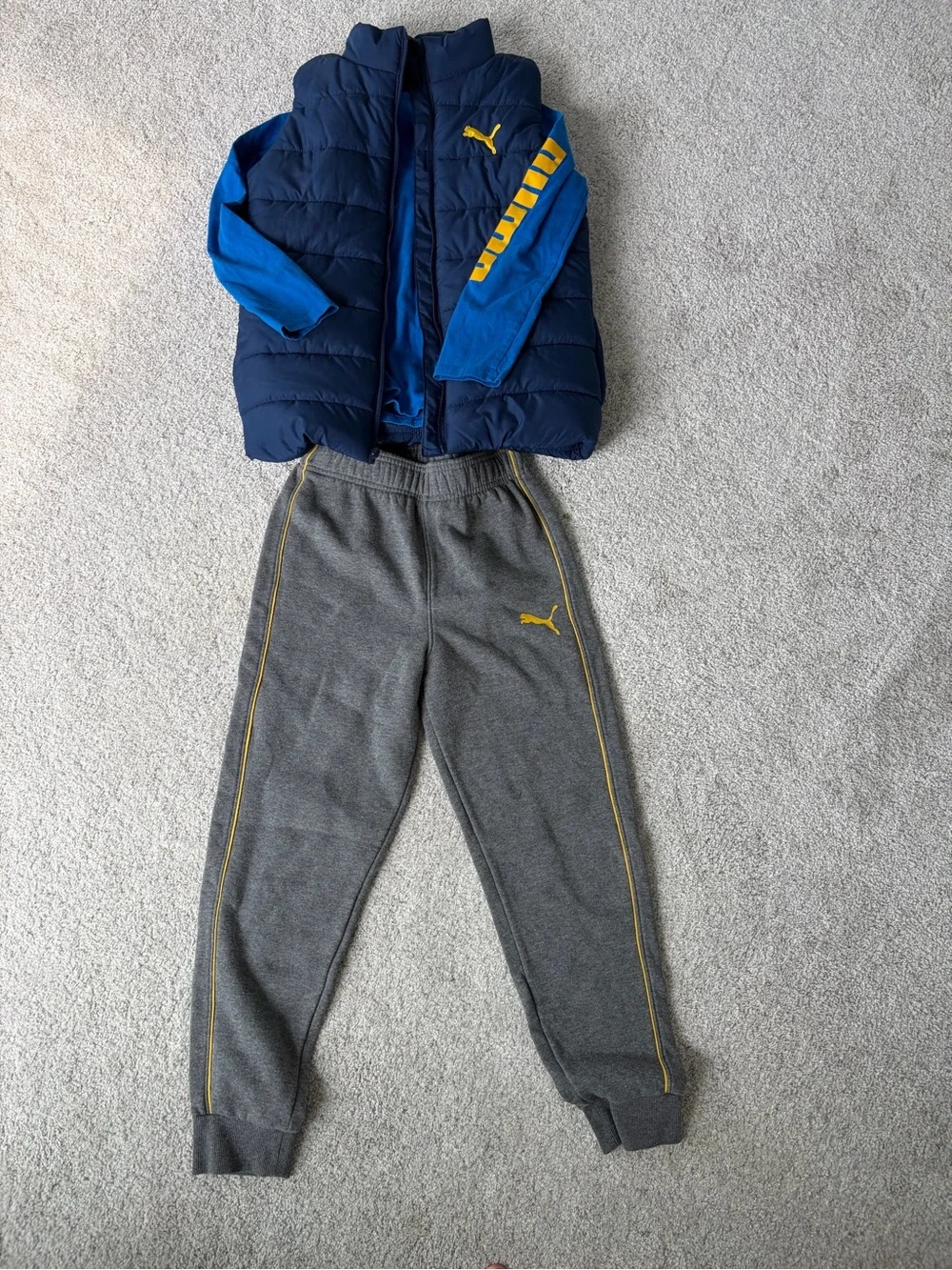 Puma Navy & Royal Blue Puffer Vest with blue shirt and Grey Joggers Set
